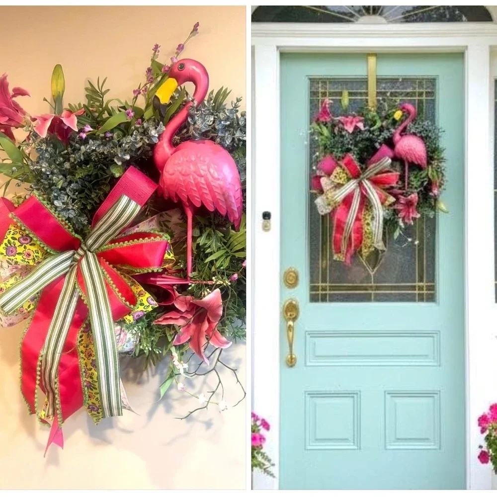 Tropical Pink Flamingo Front Door Wreath Summer Floral Decor Pink Lily Greenery